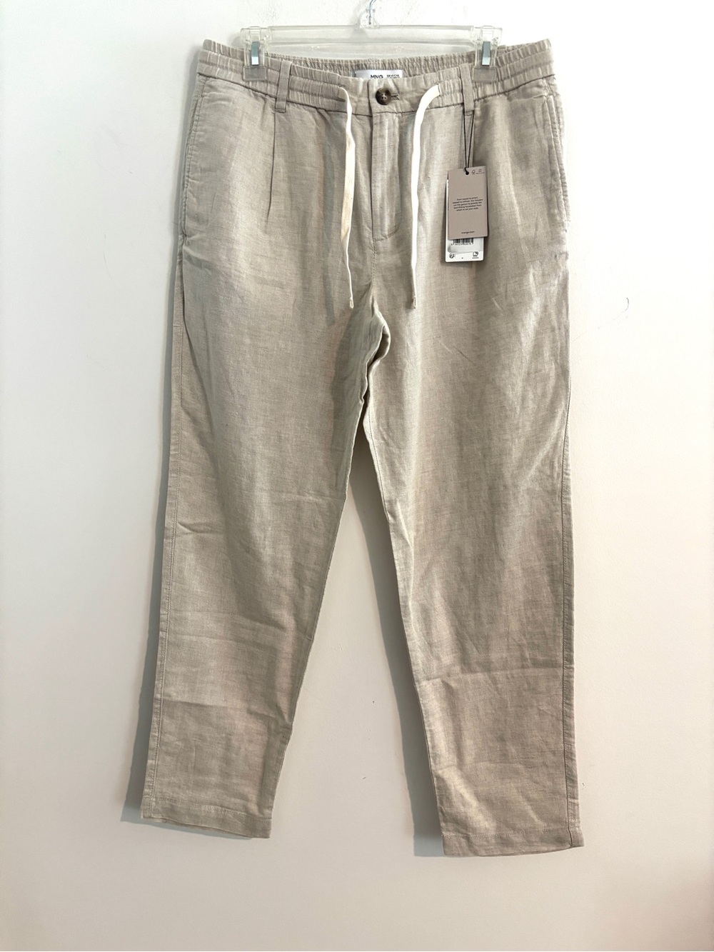 Mango MNG Size 32 Men's Light Beige Drawstring Linen-Blend Chinos